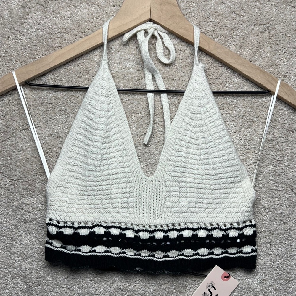 Sincerely Jules Knit Halter‎ Crop Top SweaterBlack Cream NWT Boho Coastal Size M
